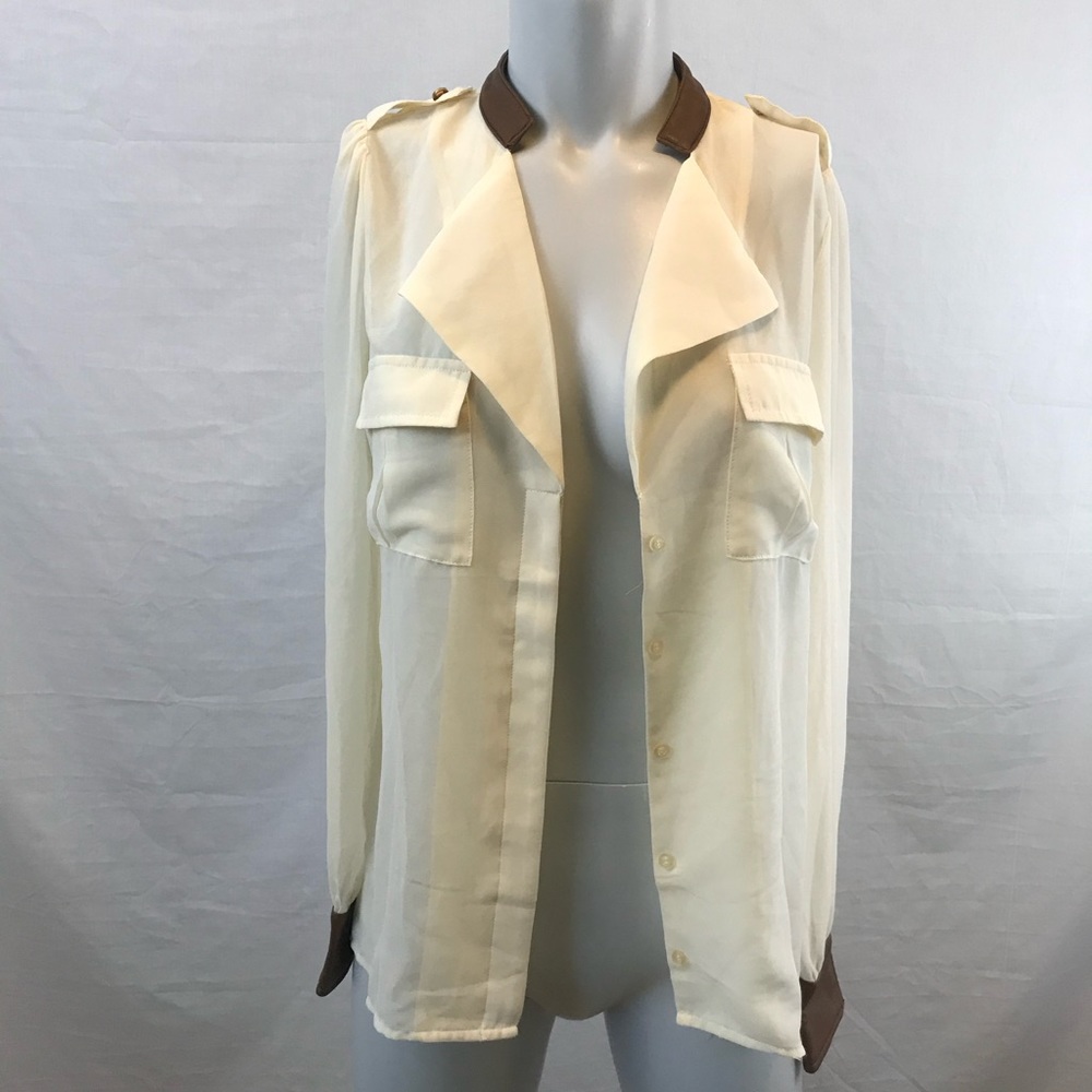 Cream Chiffon Sheer Leather Trim Top - Picture 2 of 7